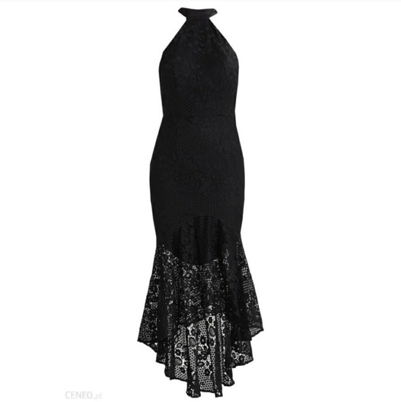 black lace high neck fishtail midaxi dress Plunge Underwired Cut Out Front Fishtail Maxi Dress In Black Lace | EGO EU